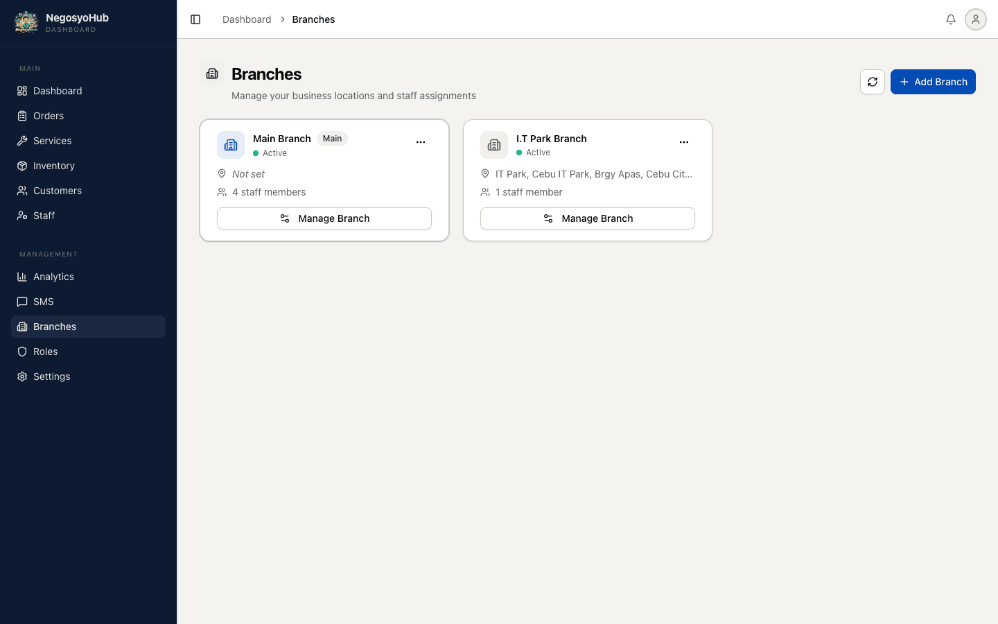 Multi-branch management with location details