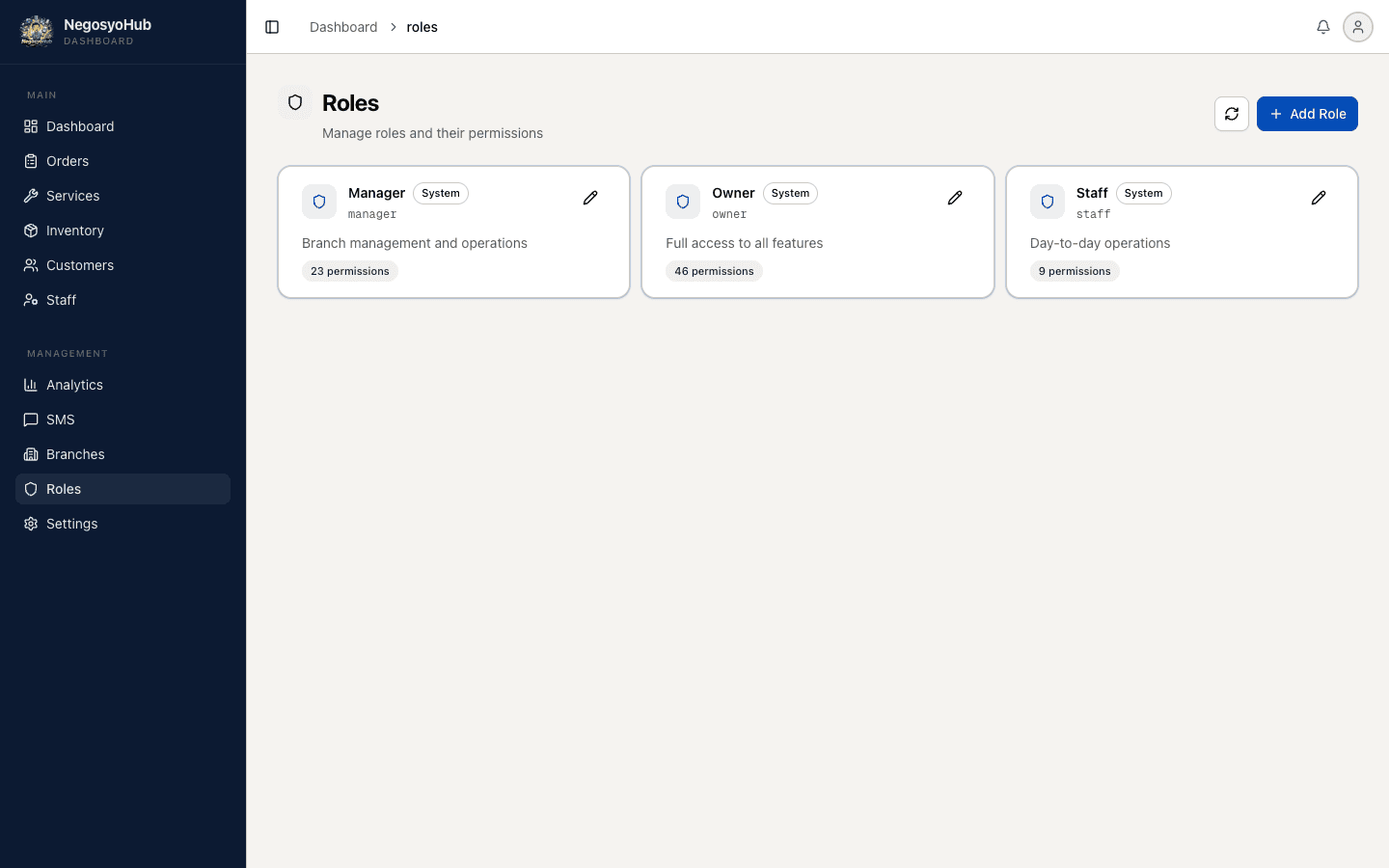 Role-based permissions for manager, owner, and staff
